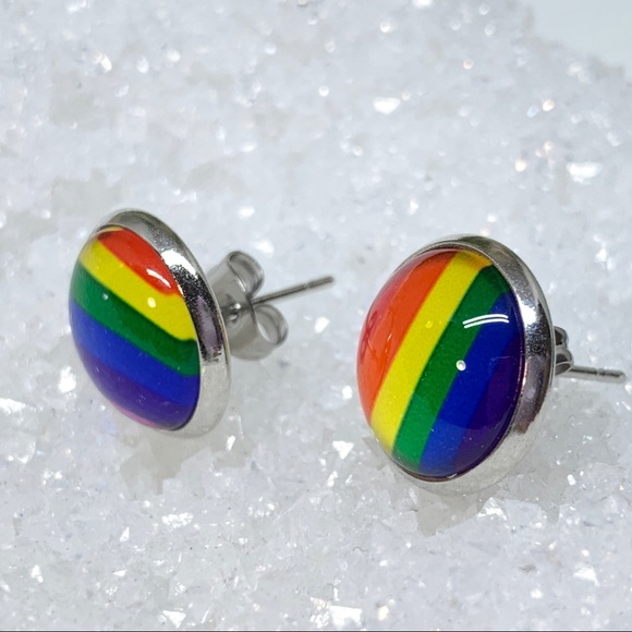 LGBT Rainbow Glass Cabochon Stud Earrings - Picture 3 of 8